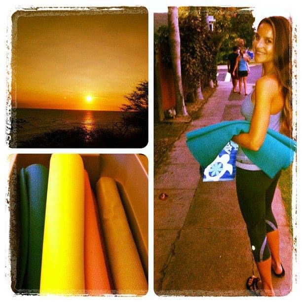 instagram photo collage from 2012 of a beach sunset, yoga mats, and woman walking holding a yoga mat