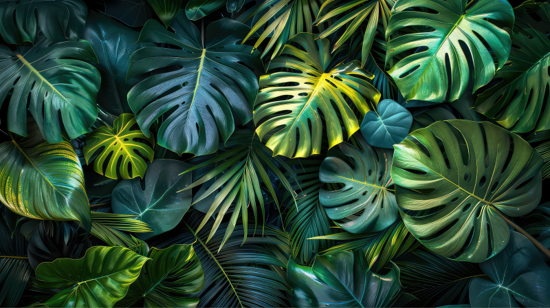 group of tropical plant leaves of varying shades of green