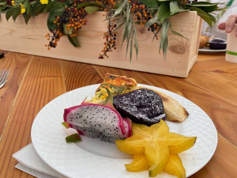 tropical fruits cut up on a plate