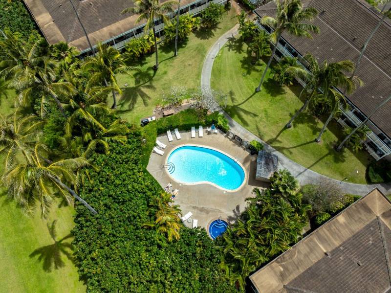 aerial view of pool at condo community in kapaa kauai