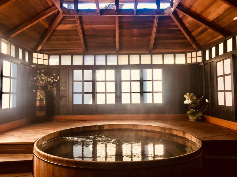 wooden indoor hot tub