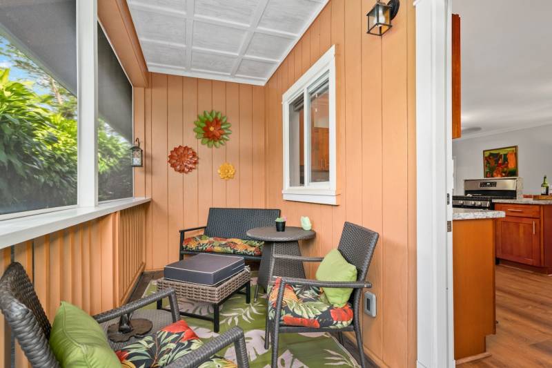 enclosed porch seating area