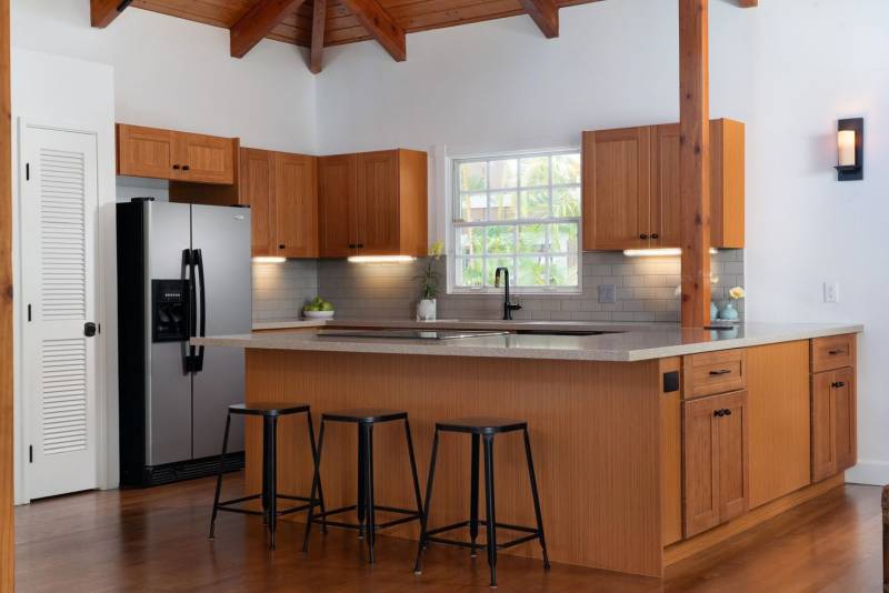 modern kitchen in planation style maui home for sale