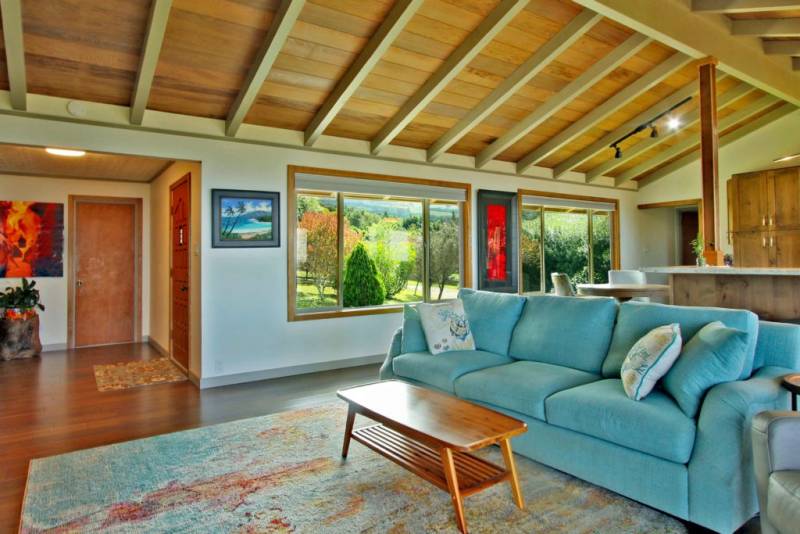 blue sofa in upcountry maui house for sale