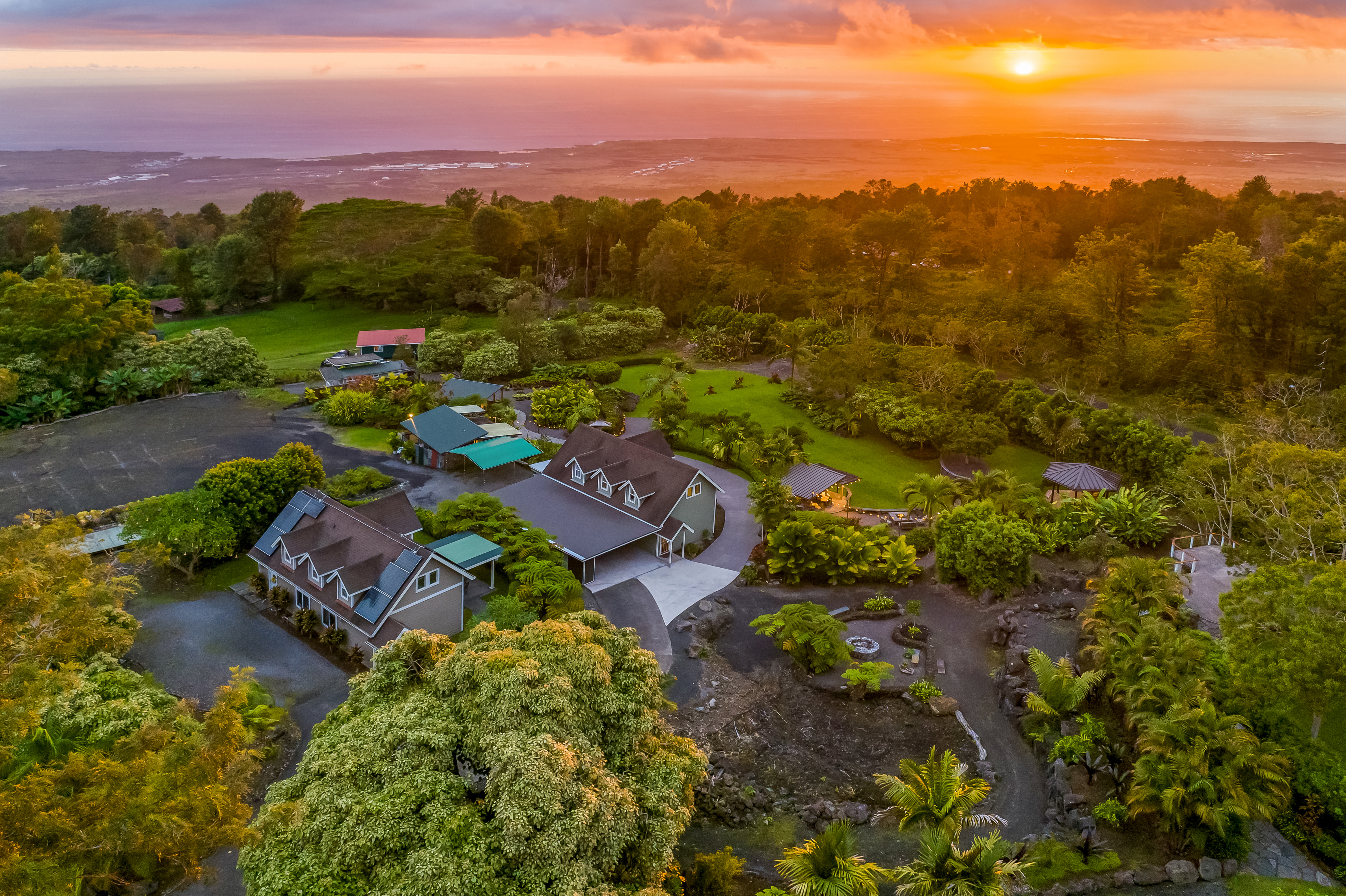 aerial view of luxury kailua kona estate at sunset