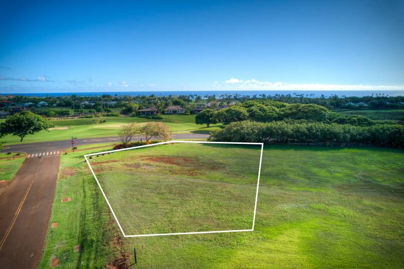 aerial view of lot for sale on kauai with lot lines outlined in white