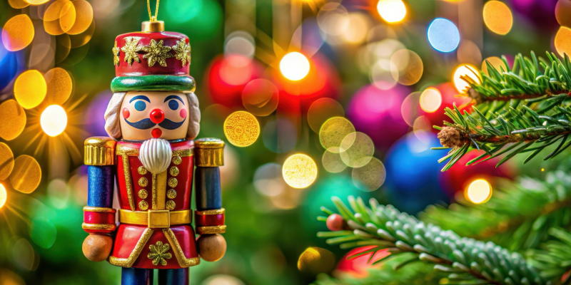 nutcracker with christmas lights background