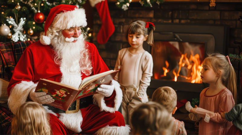 santa claus reading a story to a group of children around a fireplace