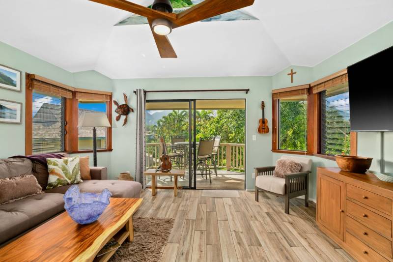 view of hanalei kauai condo living room through to lanai