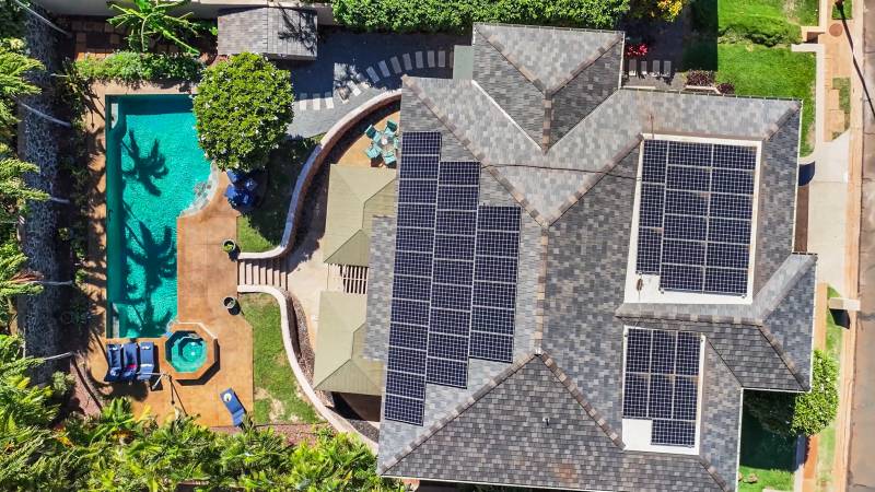 aerial view of solar panels on kaanapali hillside house for sale