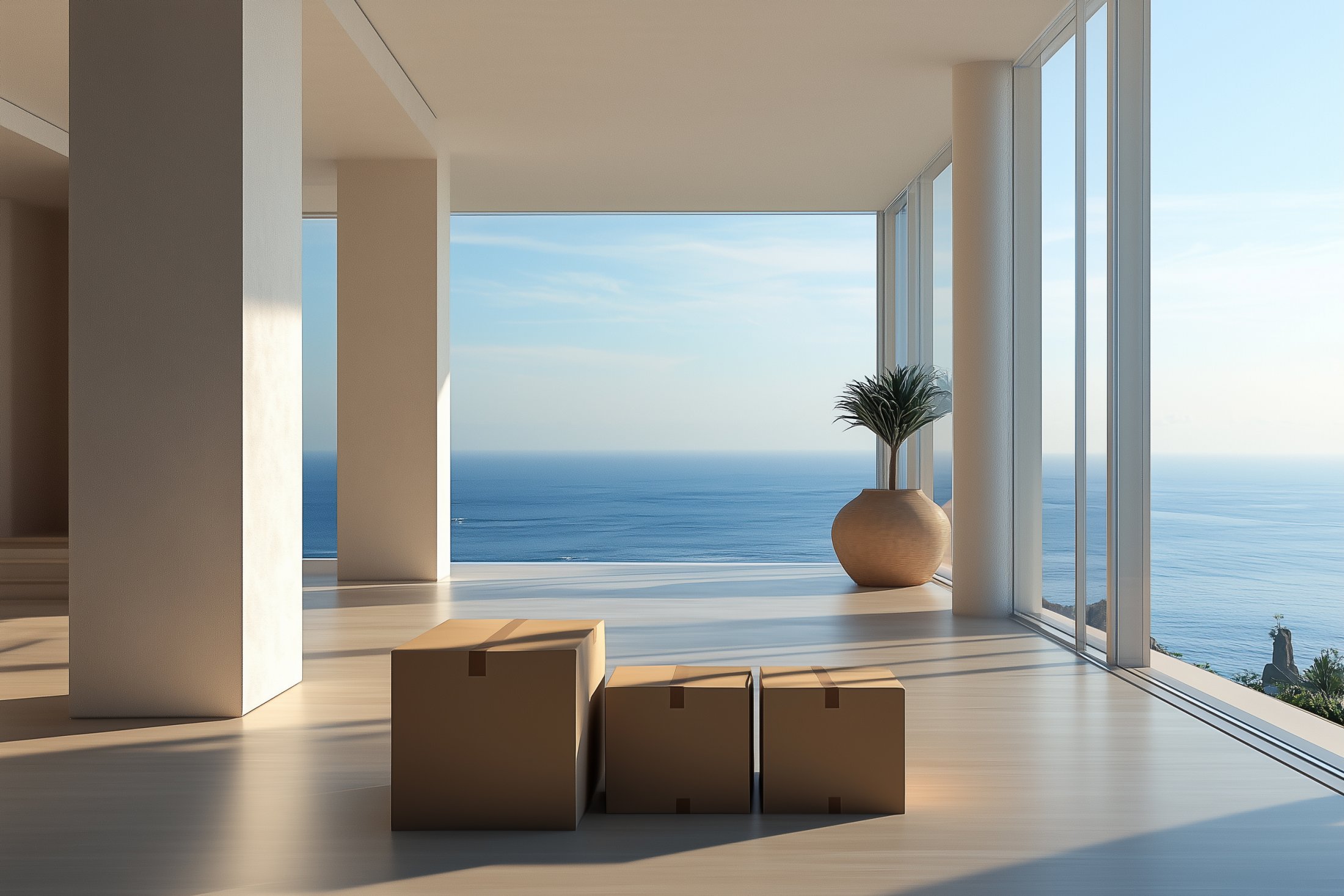 decluttered oceanview home with boxes on the floor