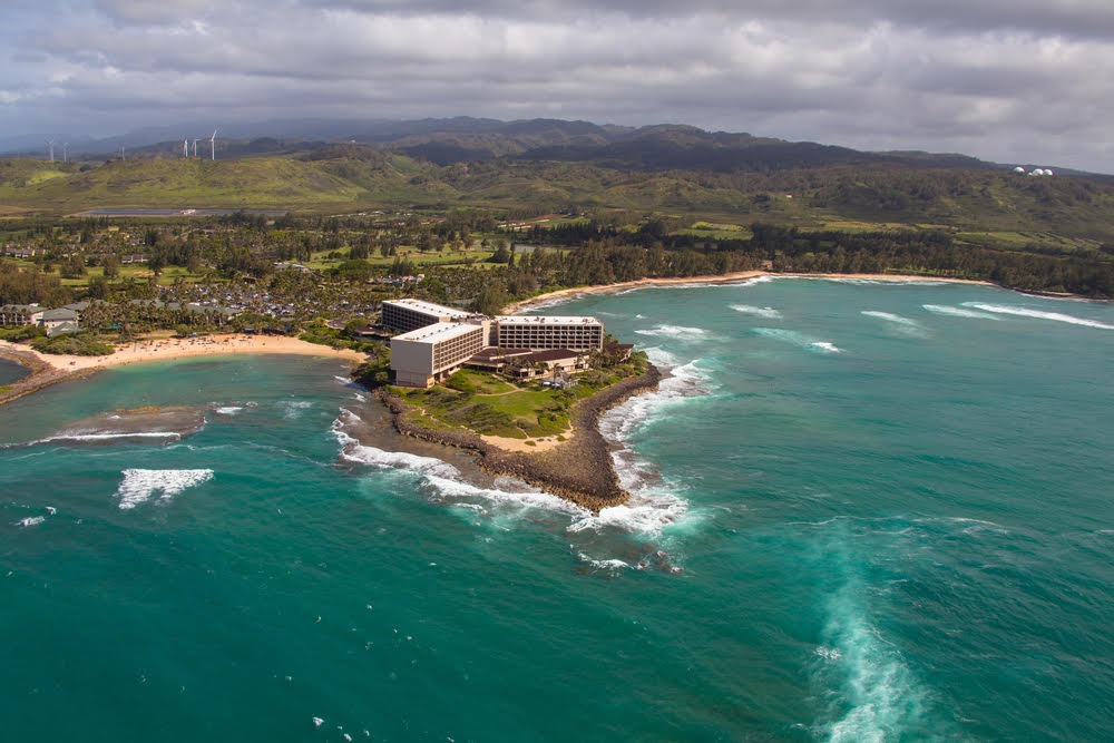Aerial view of beautiful Oahu coastline at Turtle Bay Northshore, Oahu