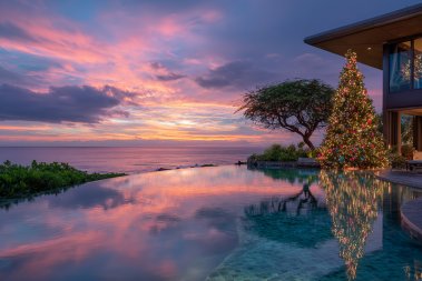 Christmas tree by infinity pool in Hawaii, ocean view, sunset