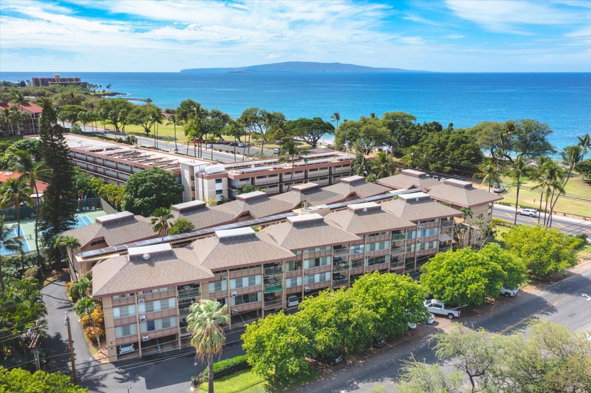 Aerial view of Haleakala Shores condos near the ocean in Kihei Maui