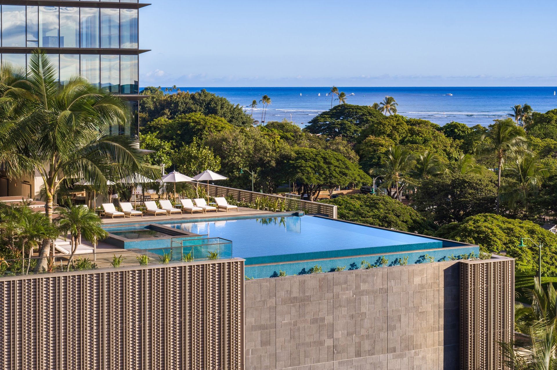 View of Victoria Place's luxurious amenity deck in Ward Village, Honolulu