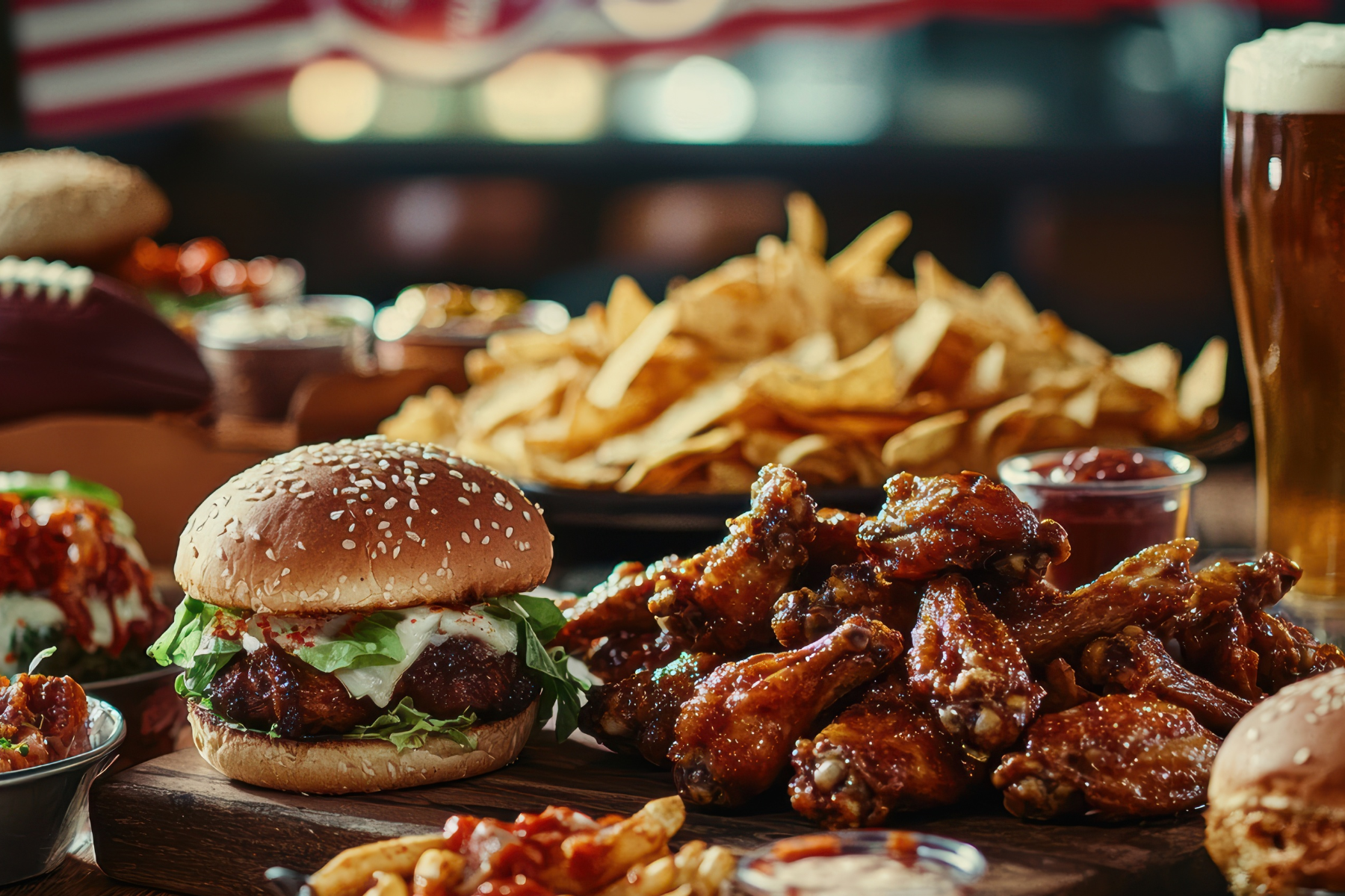 Superbowl meal of hamburger and chicken wings