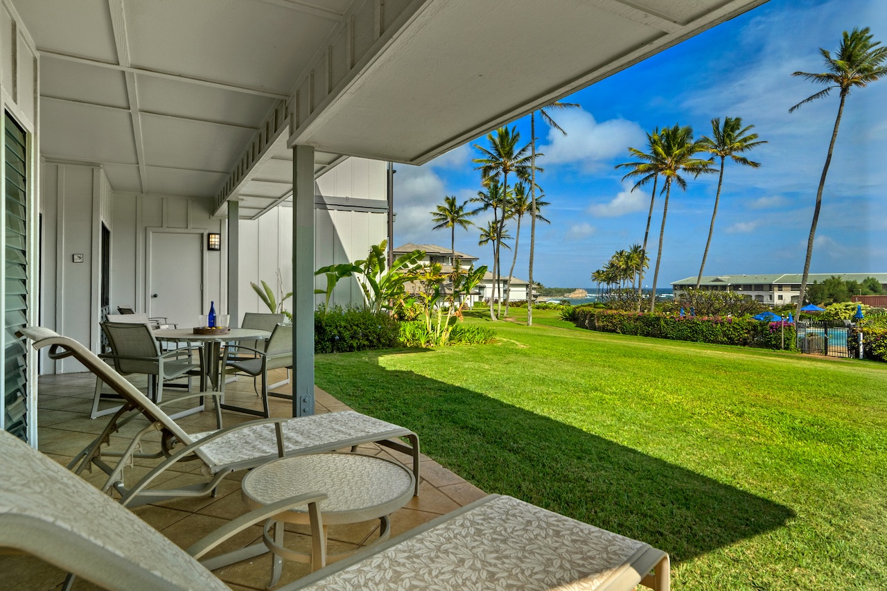 Lanai with ocean views at Poipu Sands condo