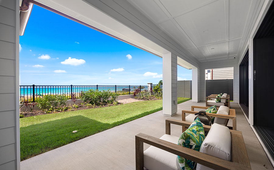 Covered lanai with ocean views at Kekainani home for sale