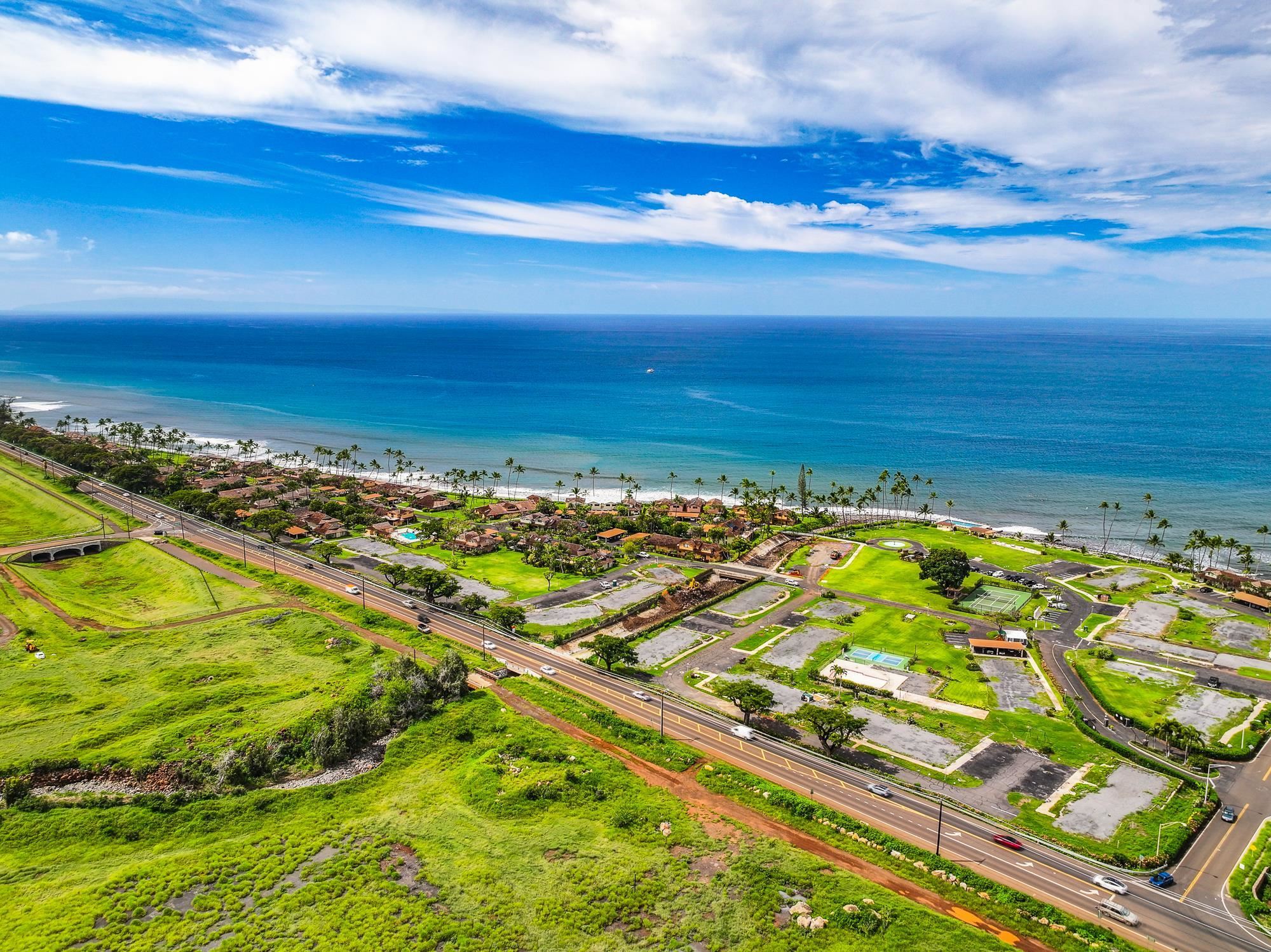Aerial view of oceanfront Puamana community on Maui