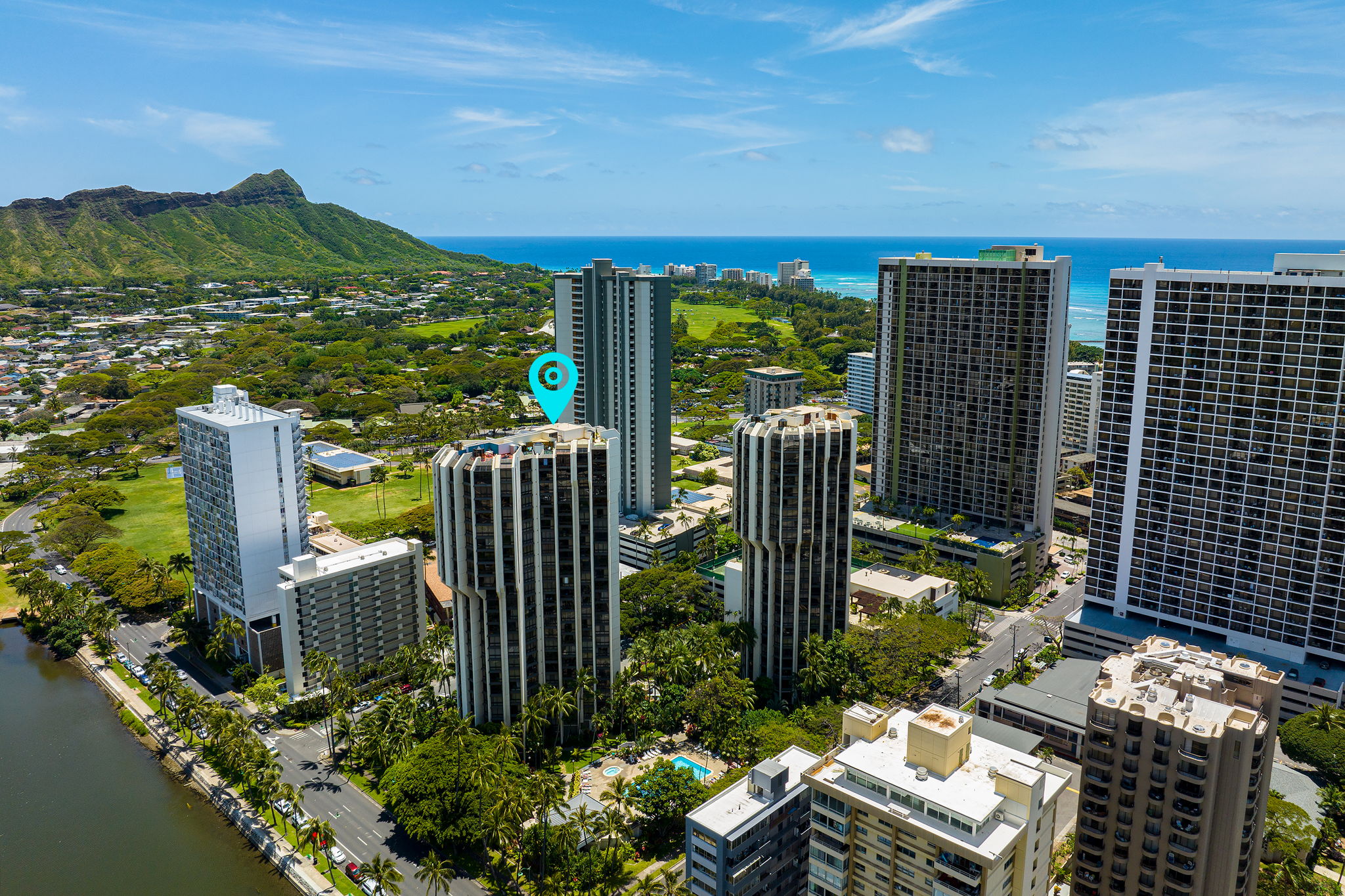 Aerial view of Liliuokalani Gardens condo building in Waikiki