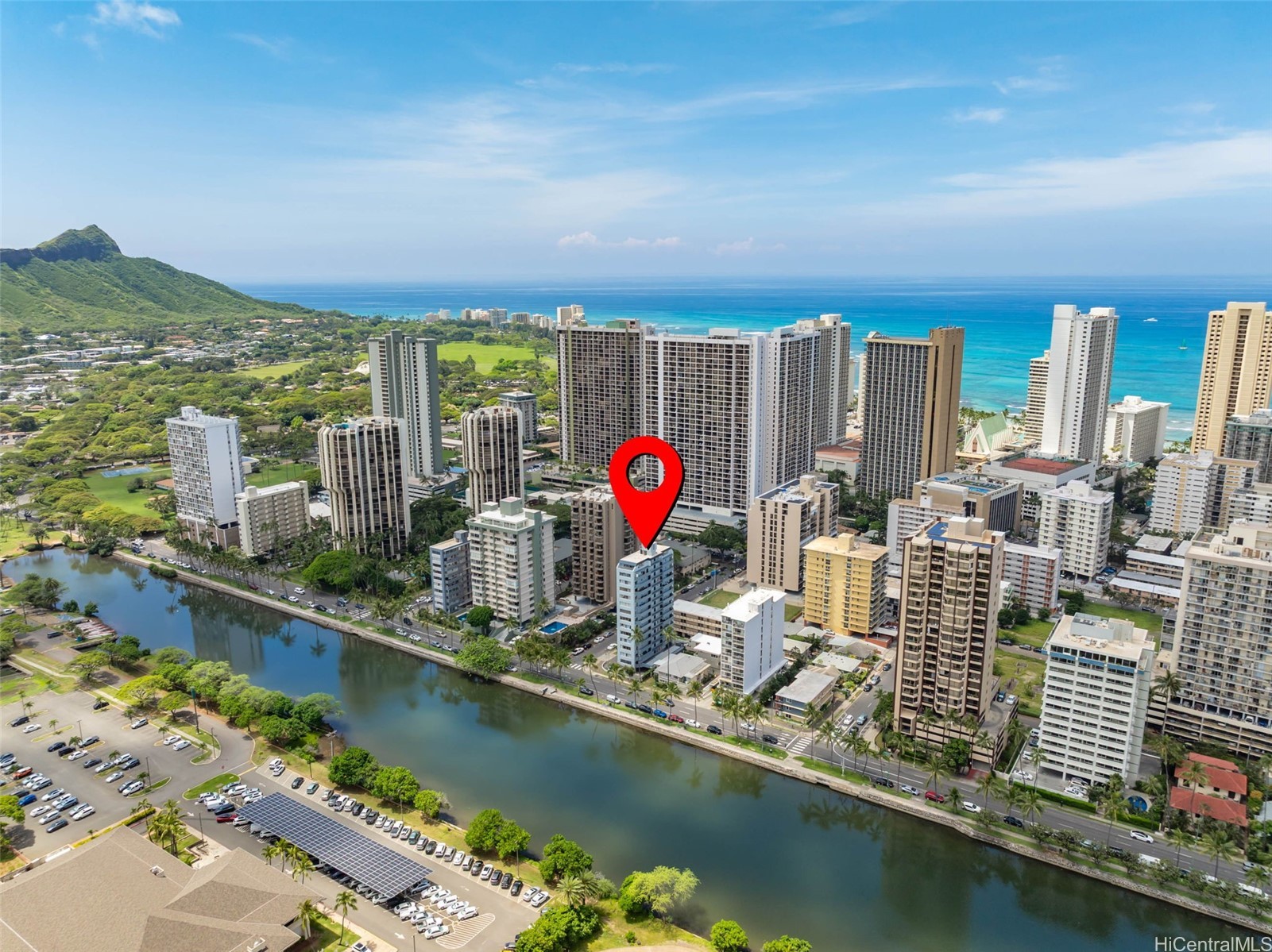 Aerial view of condo buildings in Waikiki Oahu along Ala Wai Canal