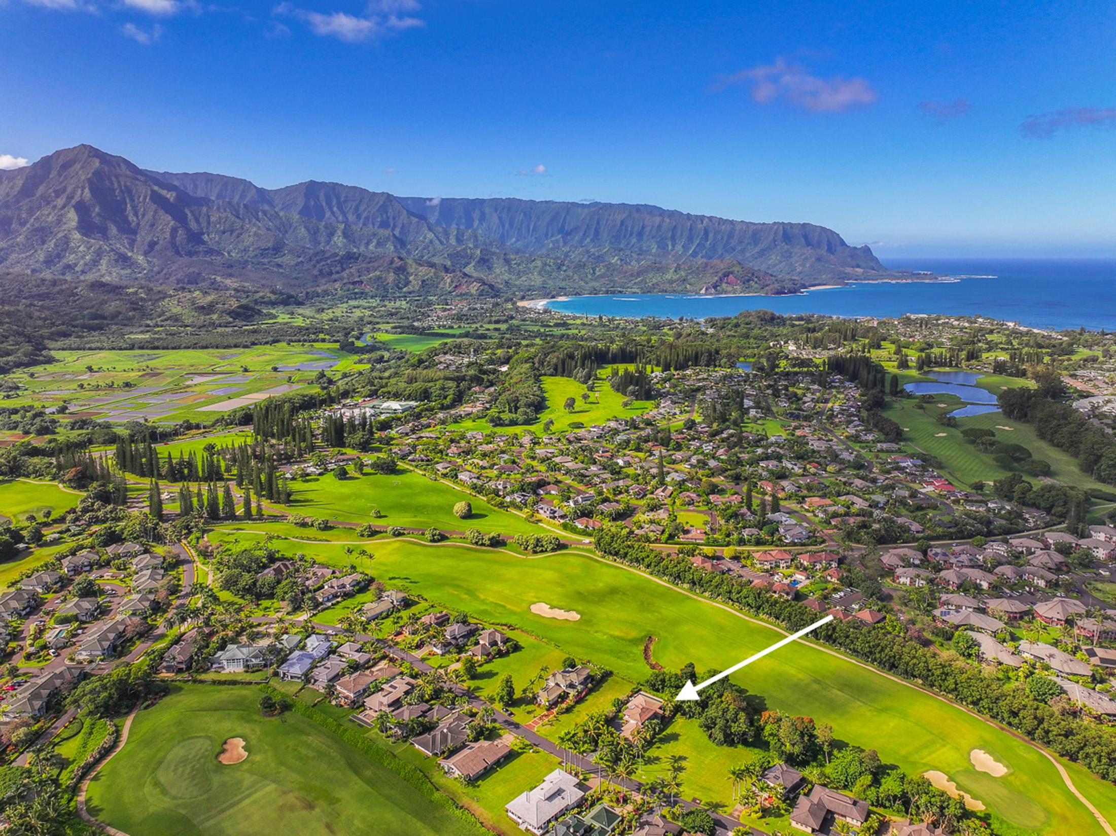 aerial view of princeville kauai neighborhood with arrow pointing to house for sale