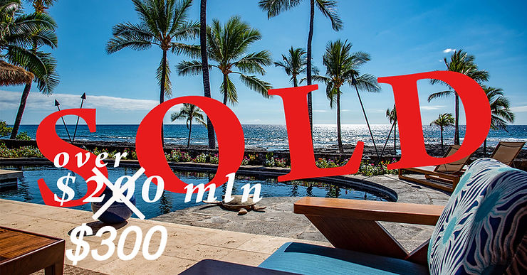 Oceanfront view with palm trees and pool. Large red "SOLD" over text: "over $200 mln" crossed out to "$300 mln". Sunny, luxurious vibe.