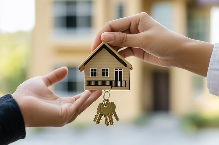 Hands exchange a house-shaped keychain with keys against a blurred house background, symbolizing a property transfer.