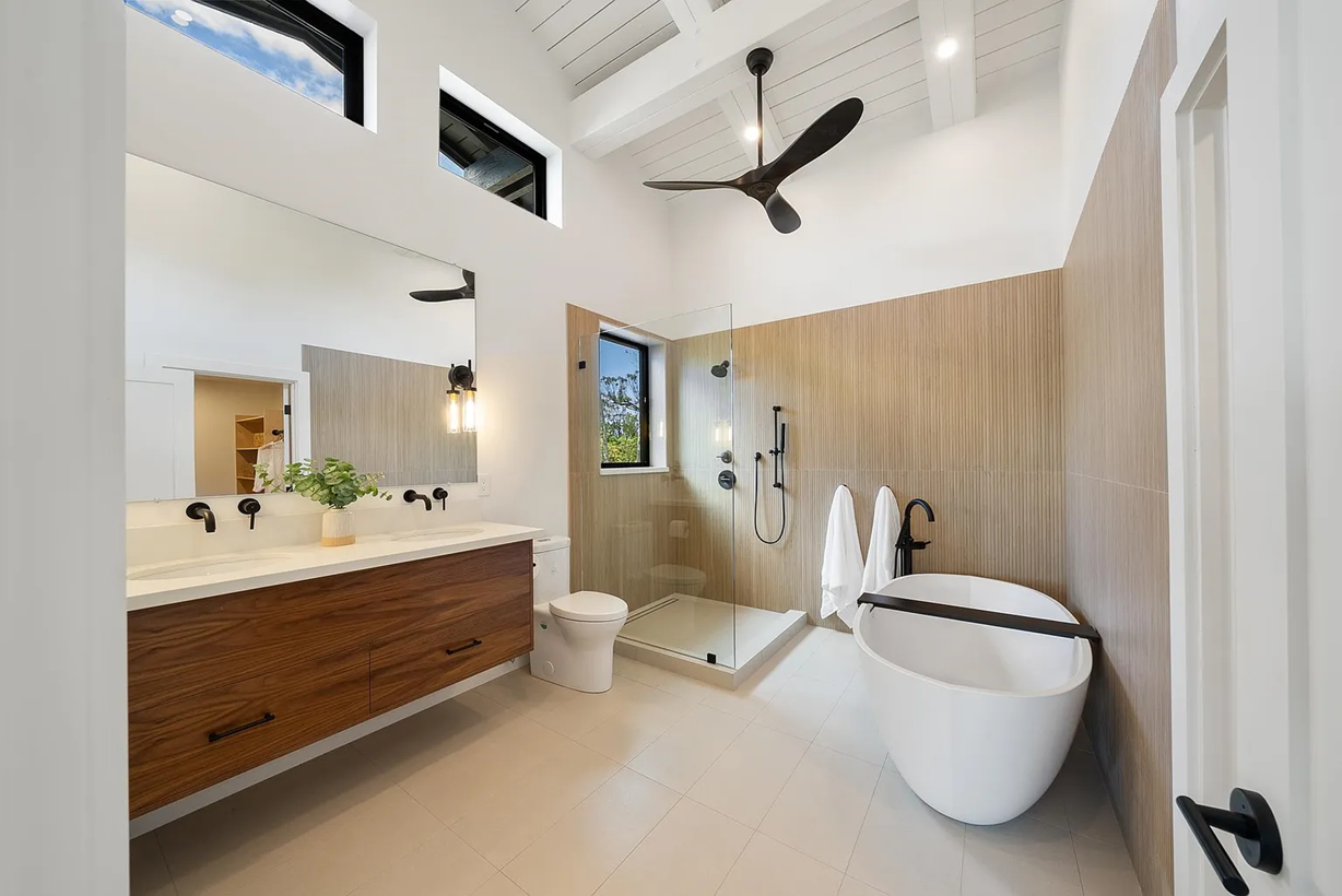 Spa-style bathroom with natural materials and modern finishes
