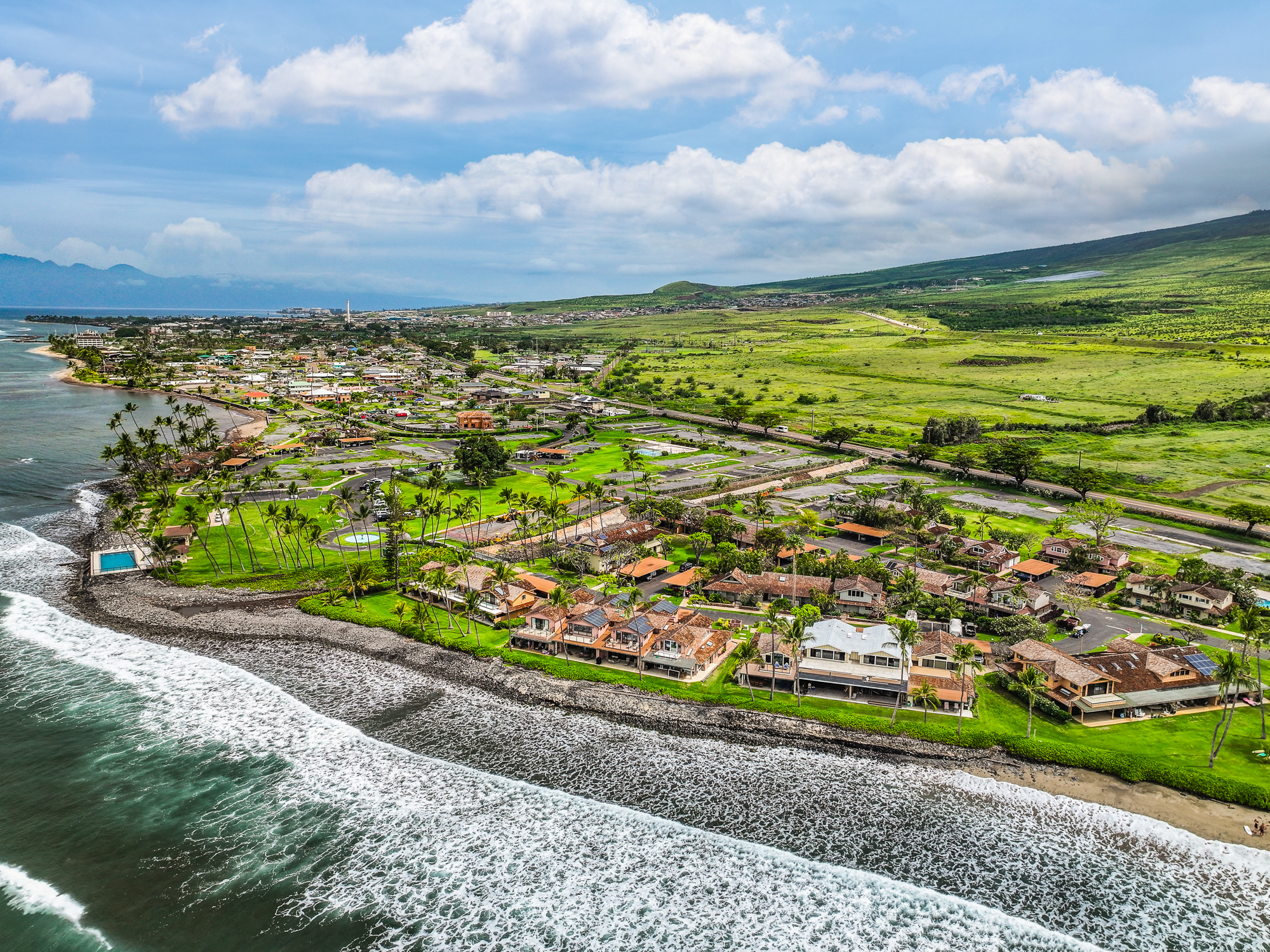 Aerial view of beachfront Puamana in Lahaina Maui