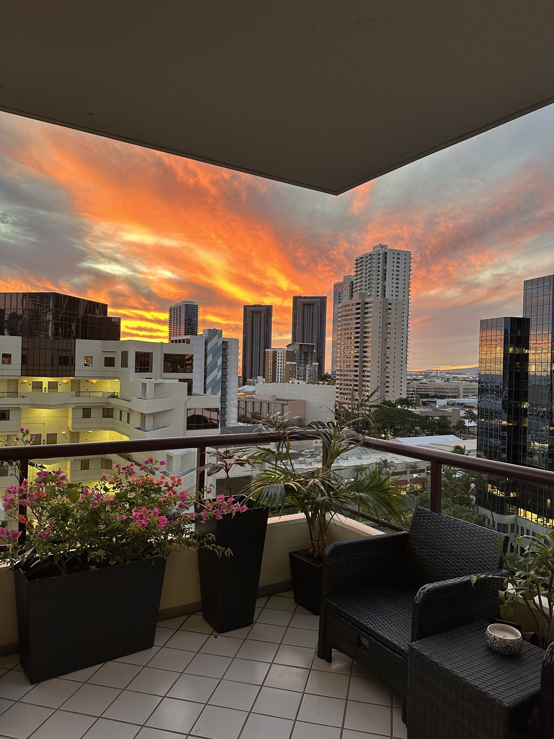 View of city at sunrise at honolulu condo