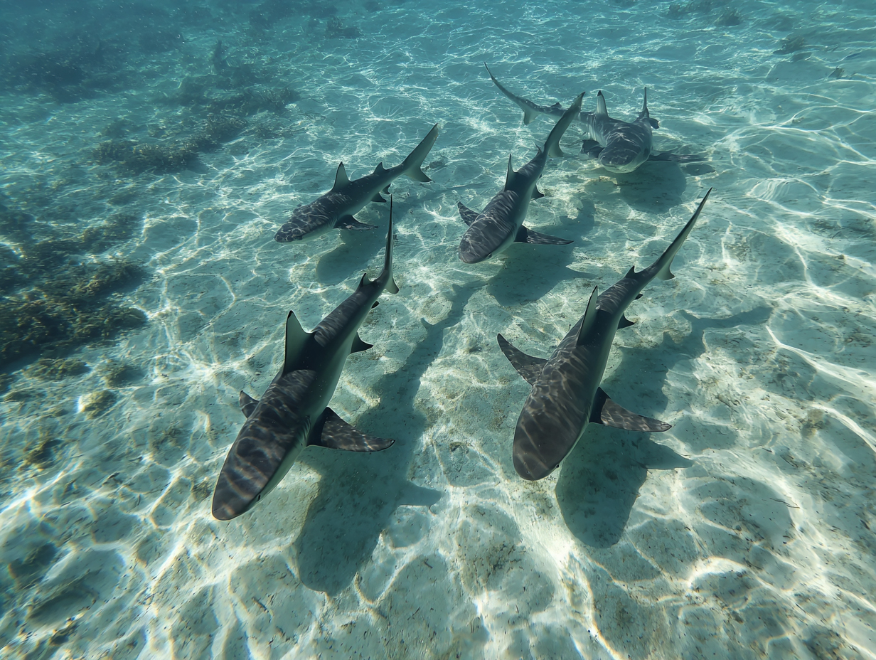 Five sharks swim in clear shallow water.