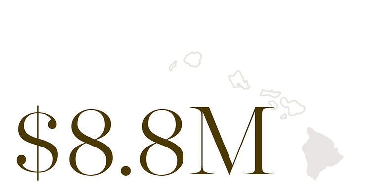 Text "$8.8M" in large brown font over a white background with faint outlines of Hawaii islands, implying a financial context.