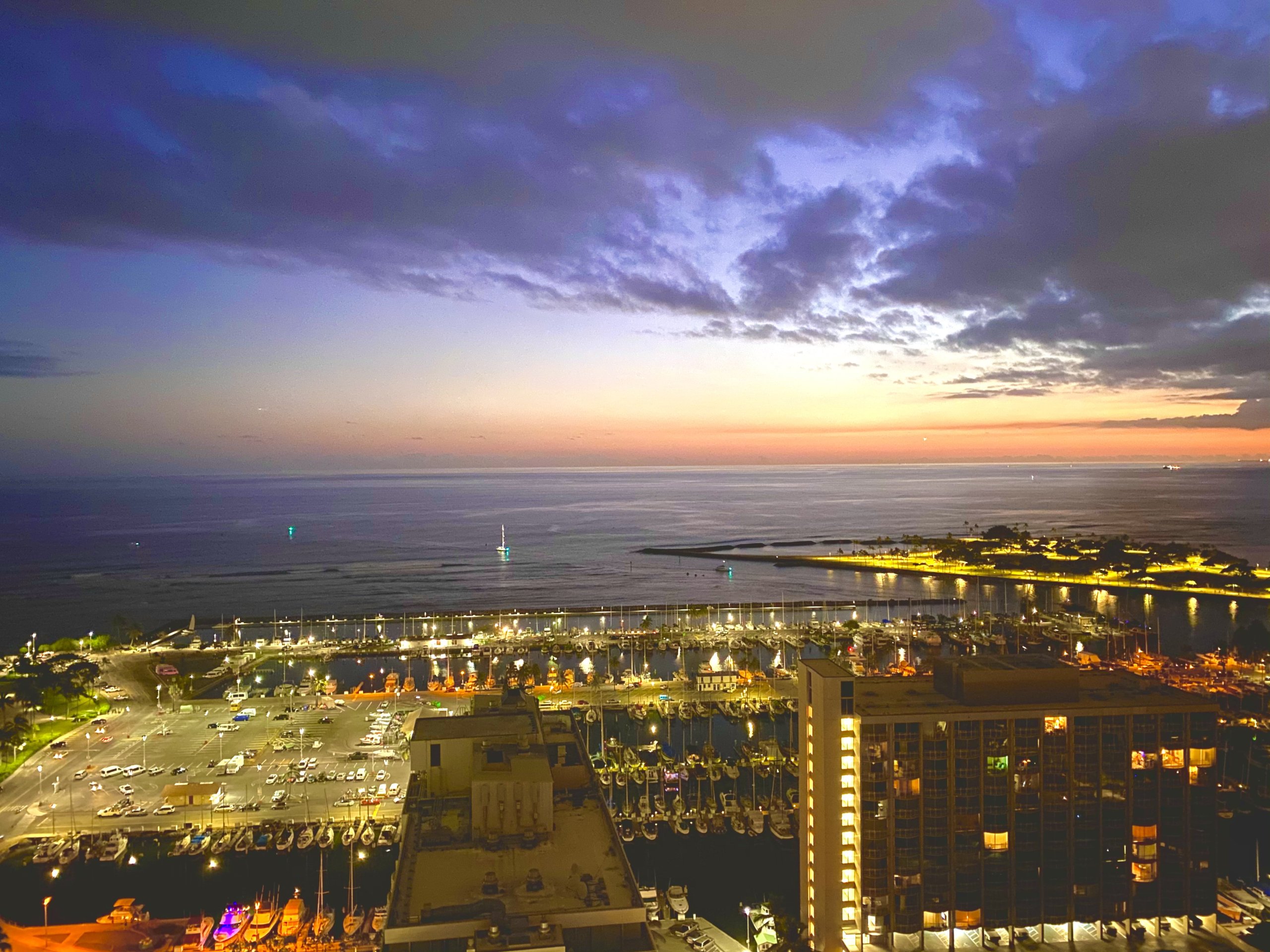 View of marina at dusk from Discovery Bay