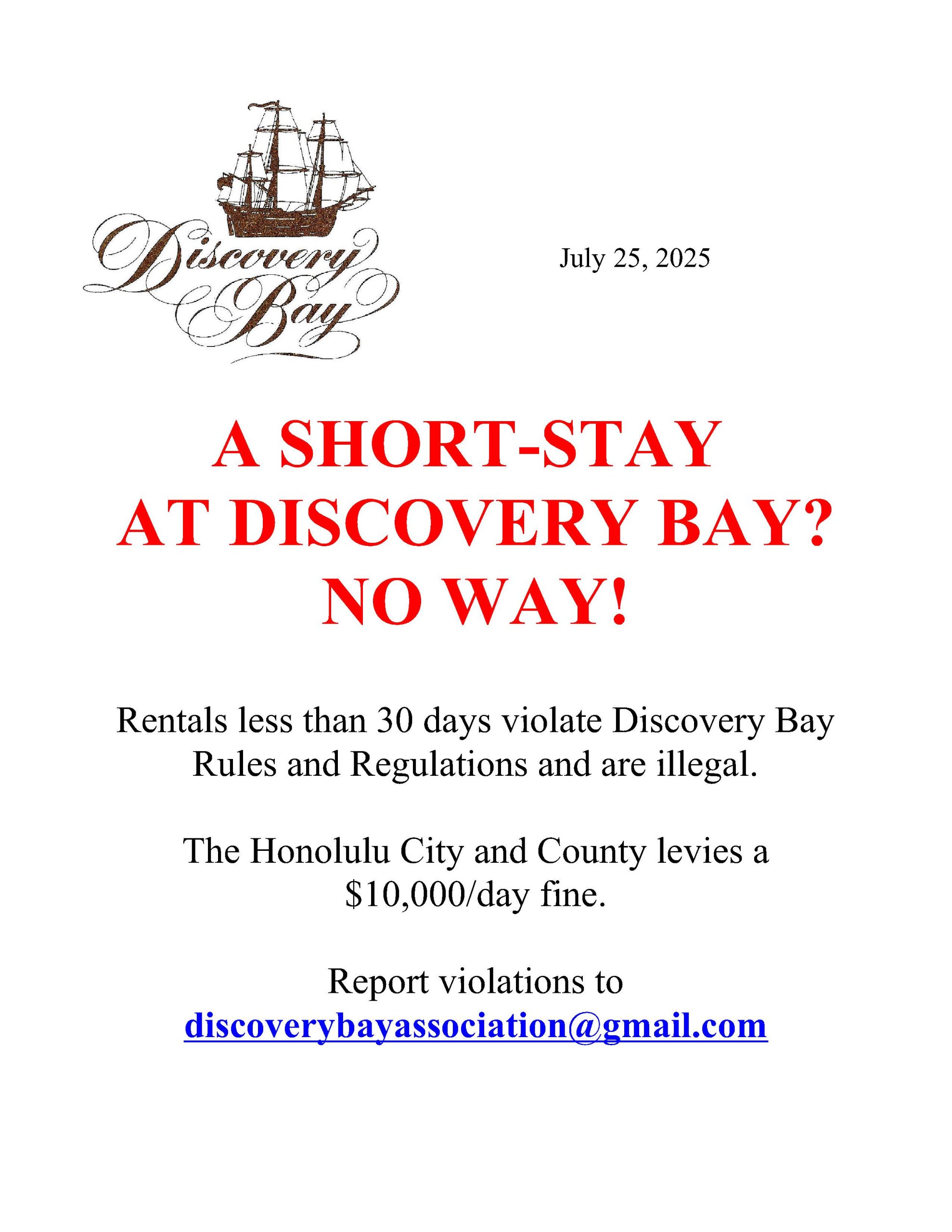 no short term rentals in discovery bay