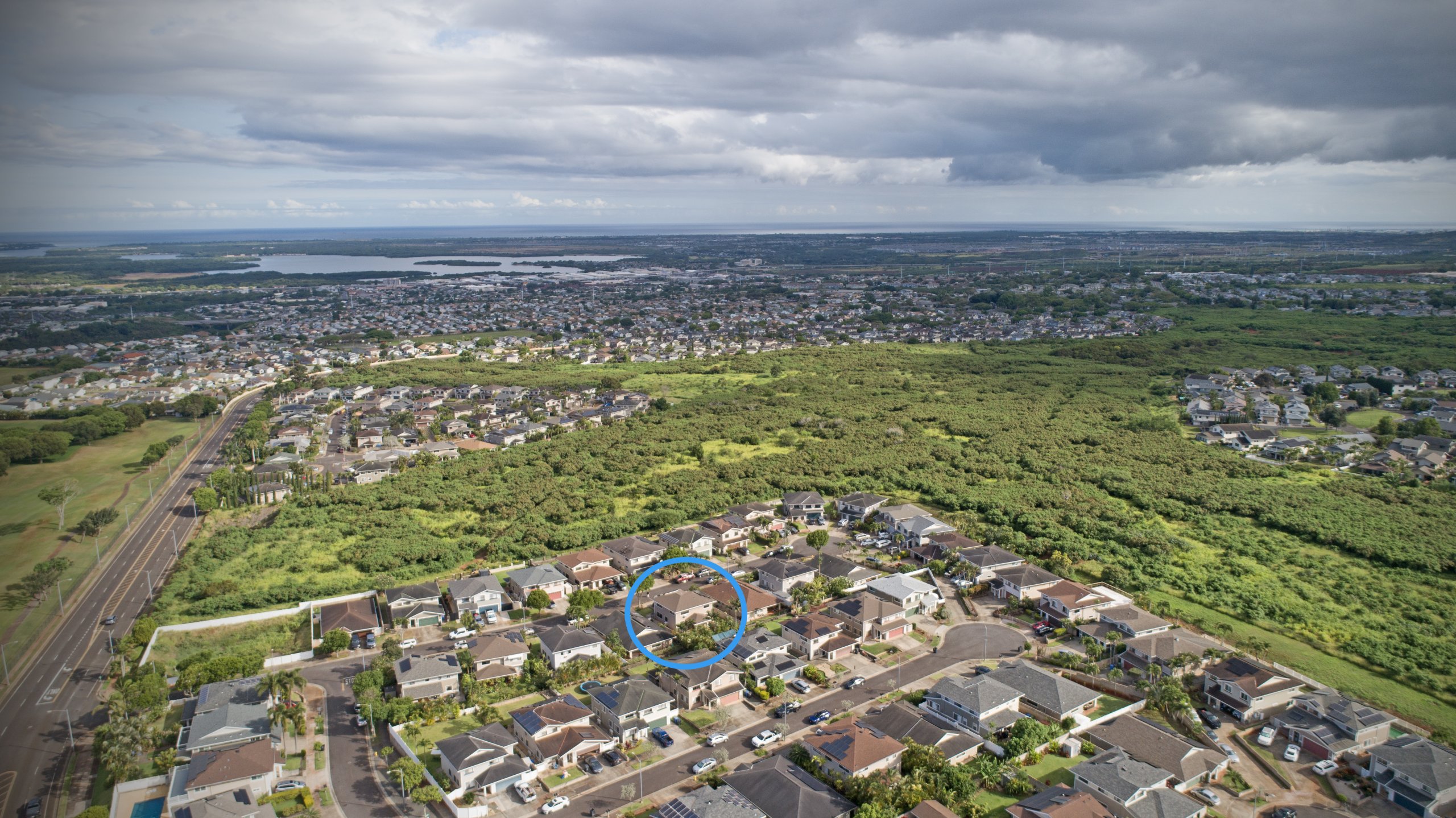 Aerial view of Royal Kunia showcasing its Central Oʻahu location near Waipahu
