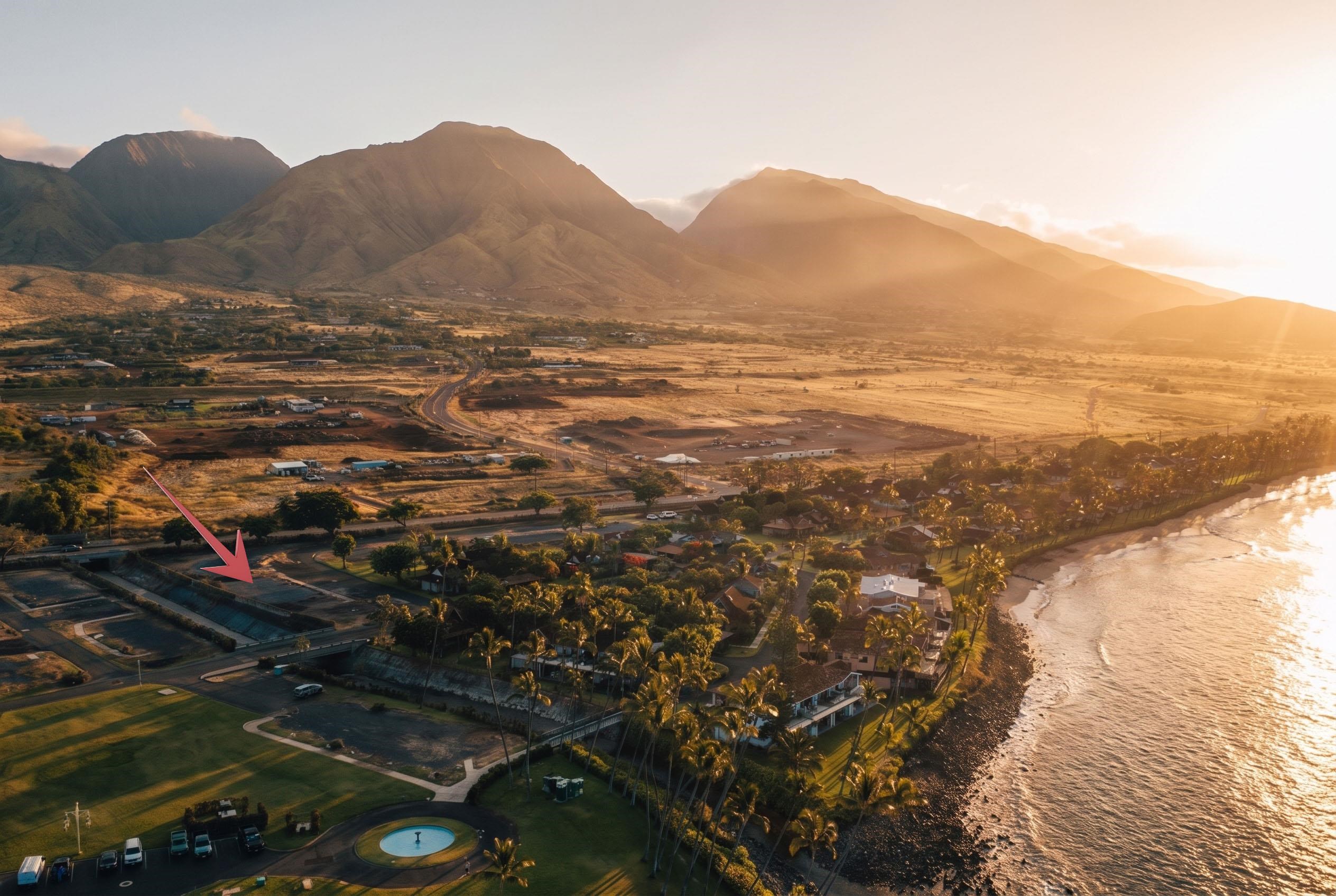 Aerial view of Puamana community in west maui at sunset