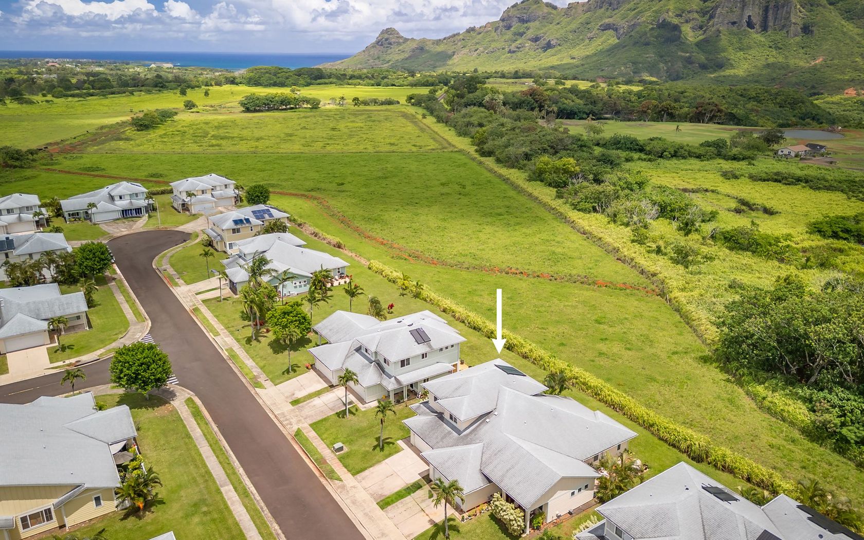 Aerial view with arrow pointing to condo for sale