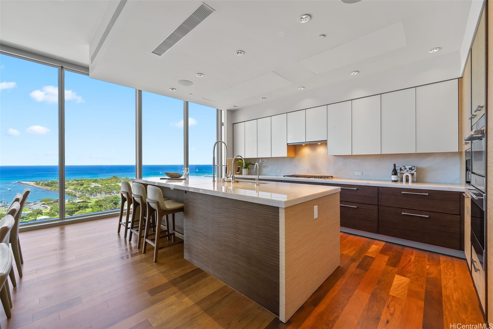Ocean view kitchen from condo in One Ala Moana Honolulu