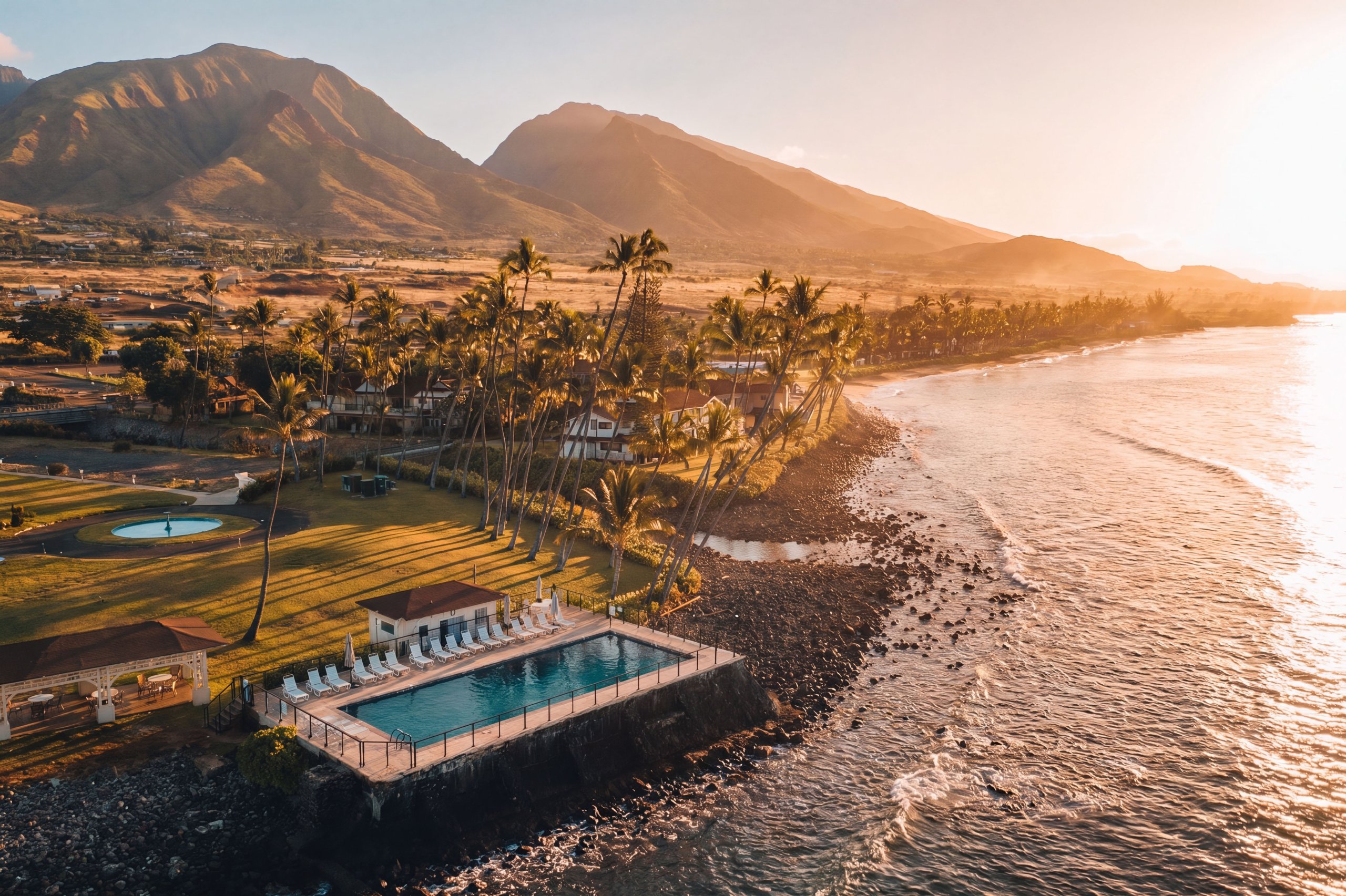Aerial view of Puamana community on Maui at golden hour