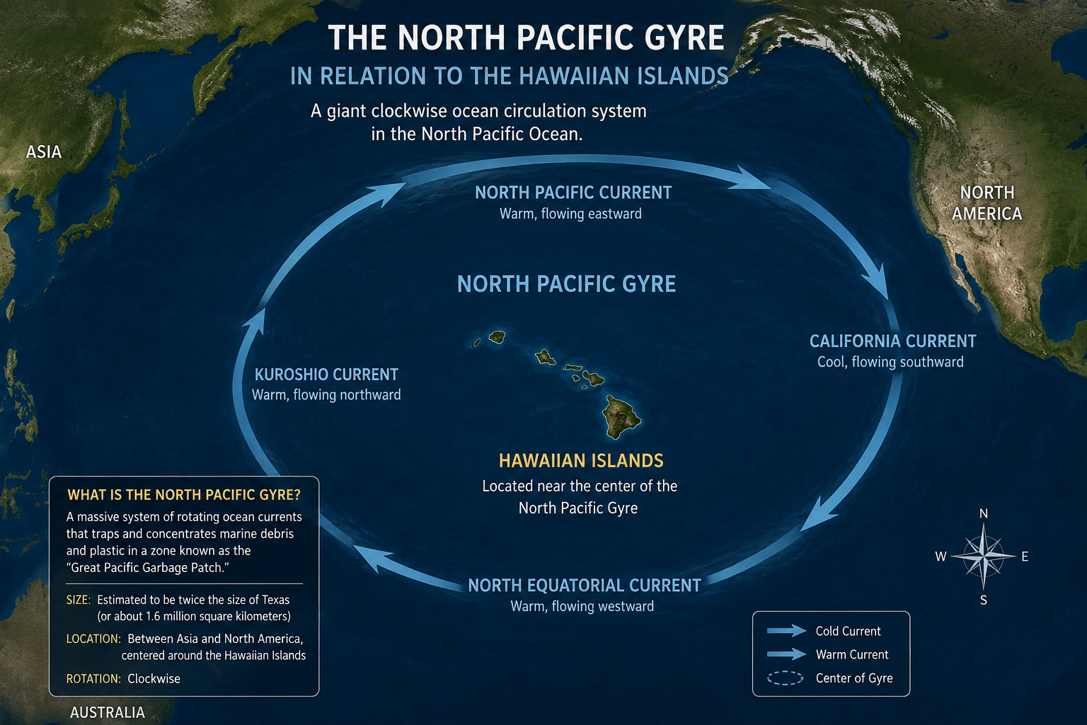 North pacific gyre map in relation to hawaiian islands