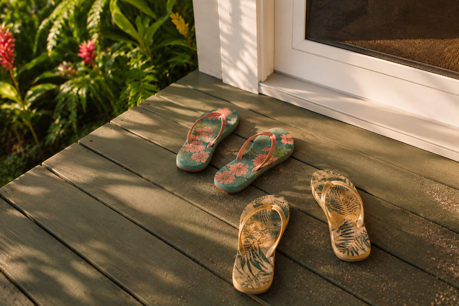 Shoes on the deck in hawaii