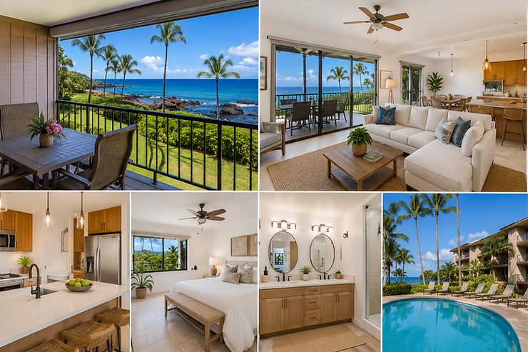 Collage of a bright oceanfront condo with balcony, pool, white living room, bedroom, kitchen, and palm-lined sea views.