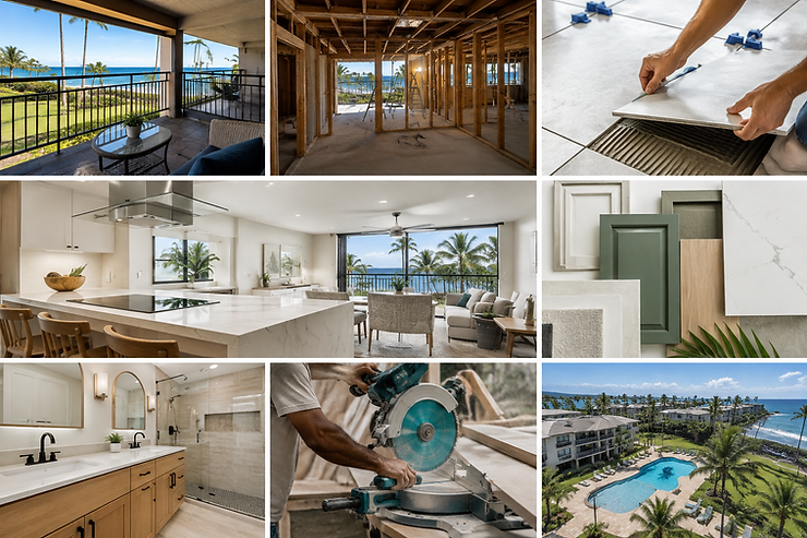 Collage of coastal condo renovation: ocean-view balcony, framing, tile and saw work, modern kitchen and bath, material samples, resort pool.