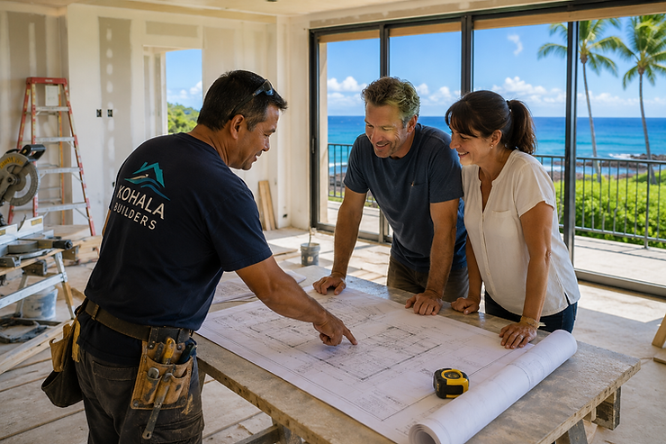 Builder from Kohala Builders shows plans to a smiling couple in a bright beachfront house under construction, with ocean view.