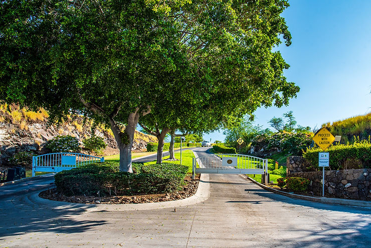 Sunny gated driveway with large green trees, white barriers, and a yellow Proceed With Caution sign under a blue sky.